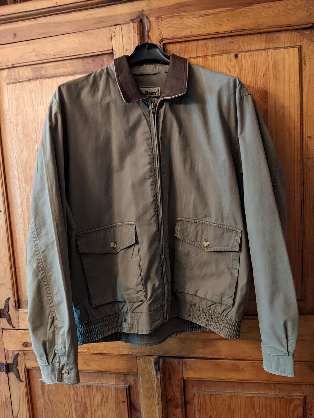 Vintage L.L. Bean Olive Green Bomber Jacket with Brown Leather Collar